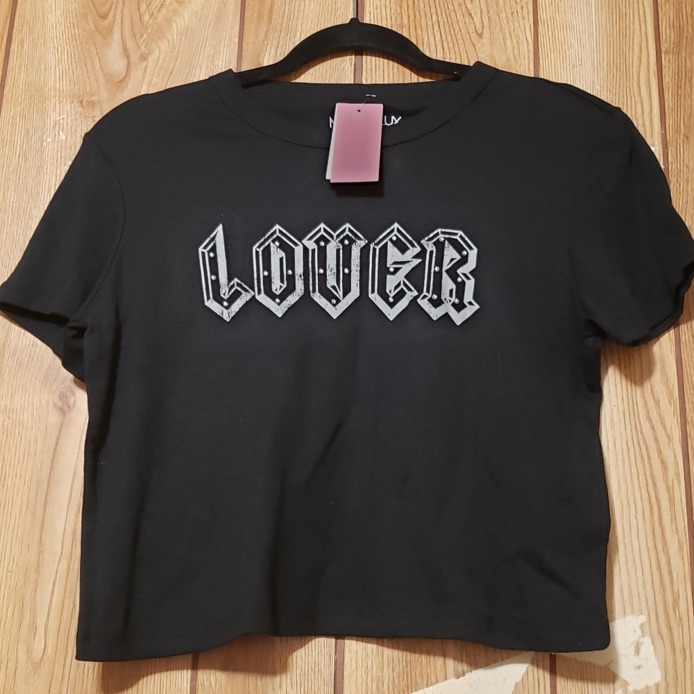 LOVER Womens tee t-shirt  Size L Rhinestones New Modern Lux Dark Coquette